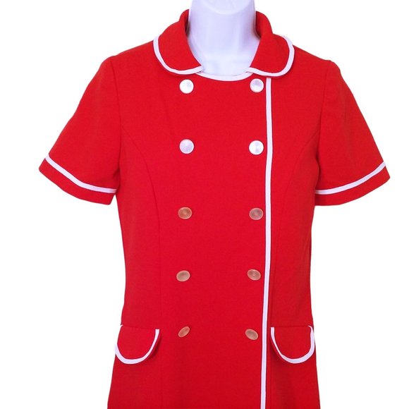 Vintage 60s-70s Uniform Dress Waitress Service -M(8) Knit Polyester Red White - Picture 2 of 10